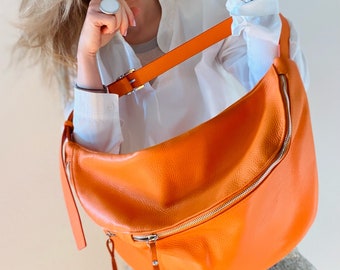 IDA XXL Extra Große Leder Bauchtasche bum bag Umhängetasche  Large leather sling bag fanny pack Tasche Ledertasche Orange