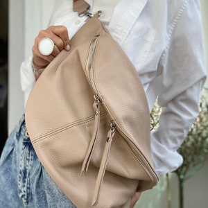 IDA XXL Umhängetasche Tasche Leder Ledertasche Großbody Hippiebag Funnybag Leder Puder mit Karabinerhaken