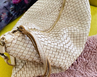 MIA M Shoulder Bag, Braided Leather Nappa Handbag, Leather Clutch, Large, Cognac, Black, Taupe, Red