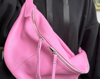 IDA XXL Leather Sling Bag Large Shoulder Bag Moon Bag Large Stylish BUBBLE Pink Bag