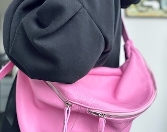 IDA XXL Leder Ledertasche Slingbag Großbody Umhängetasche Mondbag Großbodybag Large stylisch BUBBLE Pink