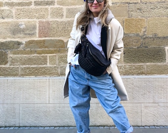 ZOE L woven shoulder bag, funny bag, funny sling bag, leather bag, large body, leather, vintage luxury leather