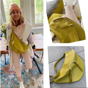 IDA XXL Extra Große Leder Bauchtasche bum bag Umhängetasche  Large leather sling fanny pack Tasche Pistaziengrün Großbody Großbodybag