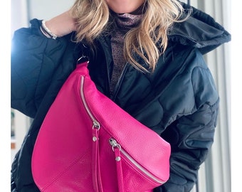 IDA XXL Extra Large Leather Bum Bag Shoulder Bag with Snap Hook Large leather sling bag fanny pack Halfmoon Bag moon bag Pink