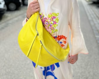IDA XXL Extra Large Leather Bag, Leather Fanny Pack, Shoulder Bag, Large Leather Sling, Lemon Yellow