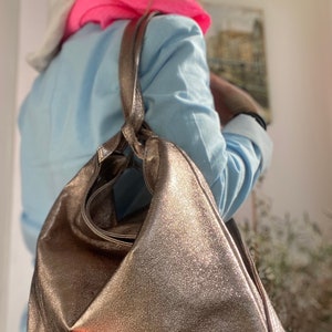 ISABELL Tasche Rucksacktasche Rucksack Leder 2 in 1 Schlicht minimalistisch Bronze Silber Bild 2