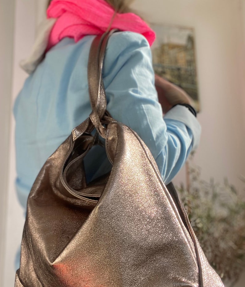 ISABELL Tasche Rucksacktasche Rucksack Leder 2 in 1 Schlicht minimalistisch Bronze Silber Bild 2