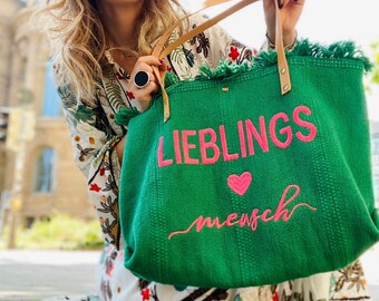 Beach bag, cotton blend tote bag with fringes, handbag with embroidered Shopper XL Canvas lettering