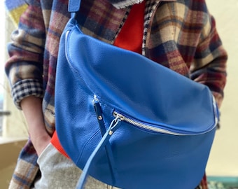 IDA XXL Extra Large Leather Bum Bag Shoulder Bag Large Leather Sling Bag Fanny Pack Bag Leather Bag Blue