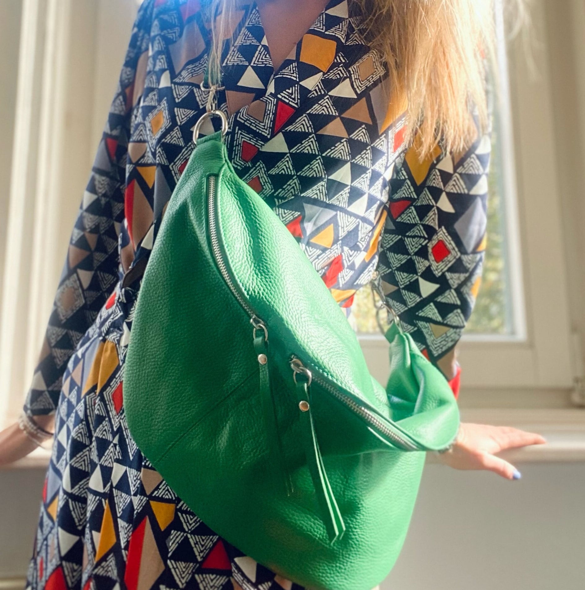 Green leather sling bag store