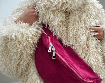 IDA L Suede Large Body Shoulder Bag Bum Bag Bag Pink Powder