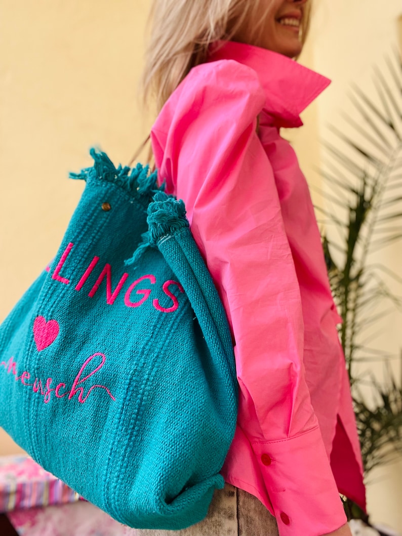 Strandtasche, Tragetasche aus Baumwollmischung mit Fransen, Handtasche mit aufgestickten Schriftzug Shopper XL Canvas Bild 2