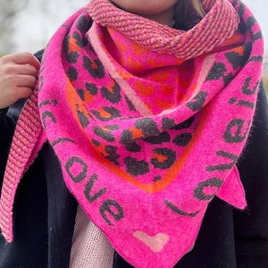 Love XXL scarf structured knit scarf stole triangular scarf knitted scarf scarf wool wool scarf with hearts and leopard blue personalized pink
