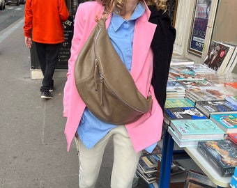 IDA XXL Extra Large Leather Bum Bag Shoulder Bag with Snap Hook Large Leather Sling Bag Fanny Pack Bag Leather Bag