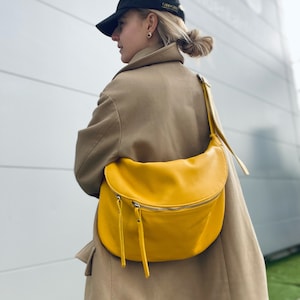 IDA Extra Large XXL Large Leather Sling Bag Leather Bag Large Body Bag Belly Bag Yellow Halfmoon Bag moon bag