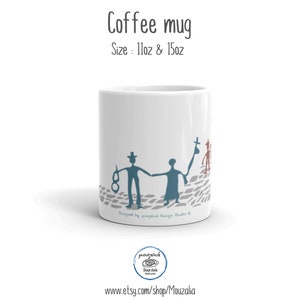 May include: A white ceramic coffee mug featuring the text Coffee mug and Size: 11oz & 15oz. The mug displays a graphic of two stylized figures holding hands on a cobblestone path, with one figure holding glasses and the other an umbrella.