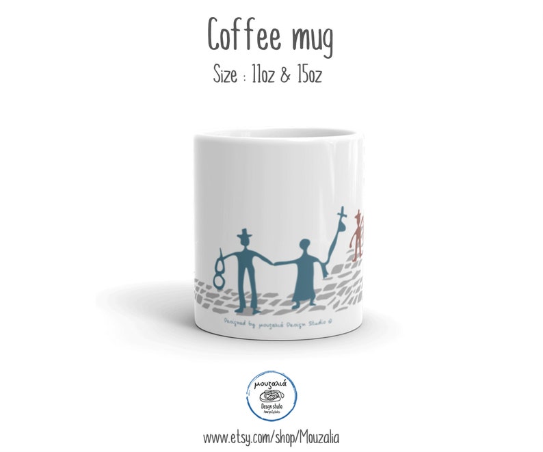 May include: A white ceramic coffee mug featuring the text Coffee mug and Size: 11oz & 15oz. The mug displays a graphic of two stylized figures holding hands on a cobblestone path, with one figure holding glasses and the other an umbrella.