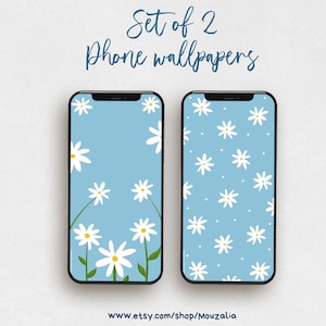 Daisy iPhone Wallpaper, Fondo de iPhone de flor azul, pantalla de bloqueo de iPhone floral, paquete de fondo de pantalla del teléfono de 2, protector de pantalla de iphone, mouzalia