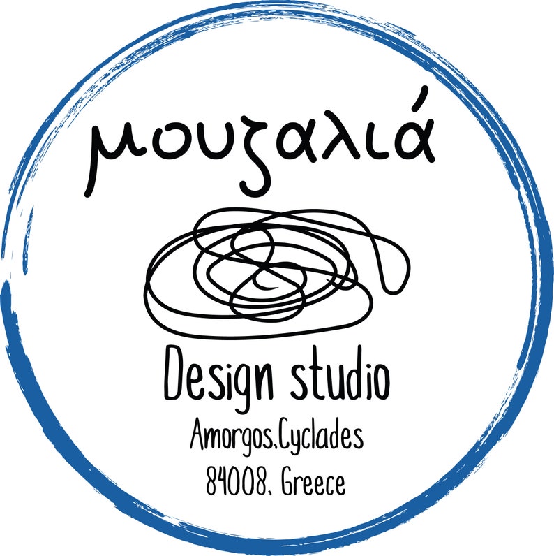 May include: A circular logo with a blue brushstroke border containing a black line drawing of a tangled thread. The text reads "&mu;&omicron;&upsilon;&zeta;&alpha;&lambda;&iota;ά", "Design studio", "Amorgos, Cyclades", and "84008, Greece" in black lettering on a white background.
