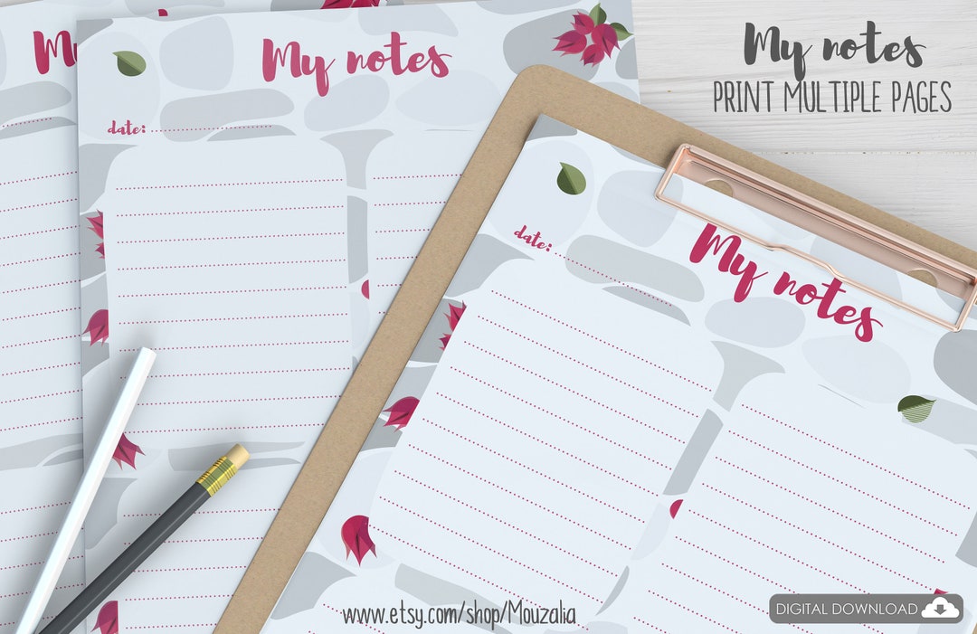 Floral Printable My Notes Page Decorated With Greek Bougainvillea ...