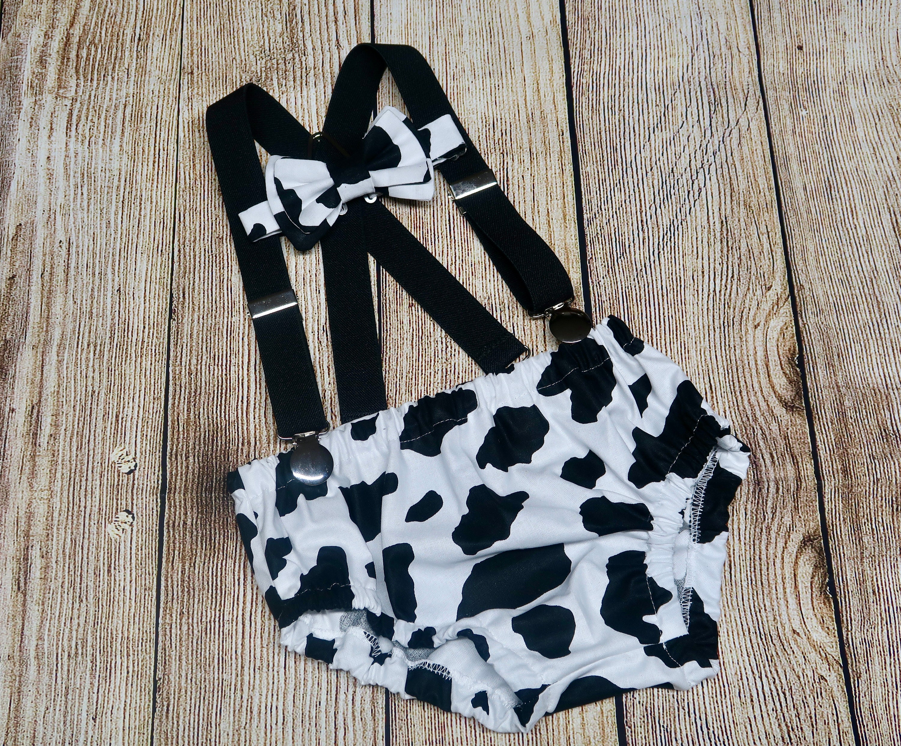 Cow Print Baby Outfit: Bowtie, Suspenders & Diaper Cover Set