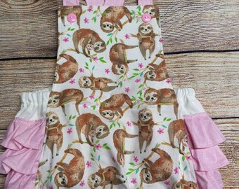 Toddler Sloth romper, Baby Sloth romper. Pink and white sloth, sloth ruffle outfit, baby sloth gift, sloth gift, gift for sloth toddler