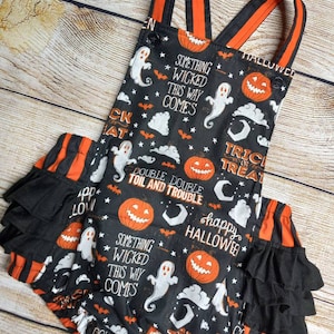 Halloween Romper: Ghost & Pumpkin Print, Black and Orange Cotton