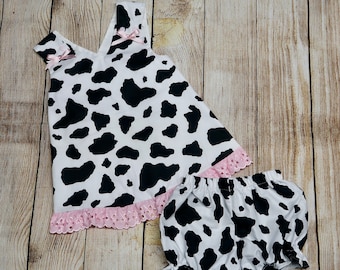 Cow Print Criss Cross Dress with Bloomers, Lace Edge