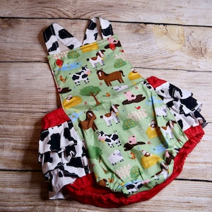 Barnyard Farm romper, cotton romper, cow print, animal print romper, romper toddler cow romper, On the Farm Romper, Farm Birthday Outfit