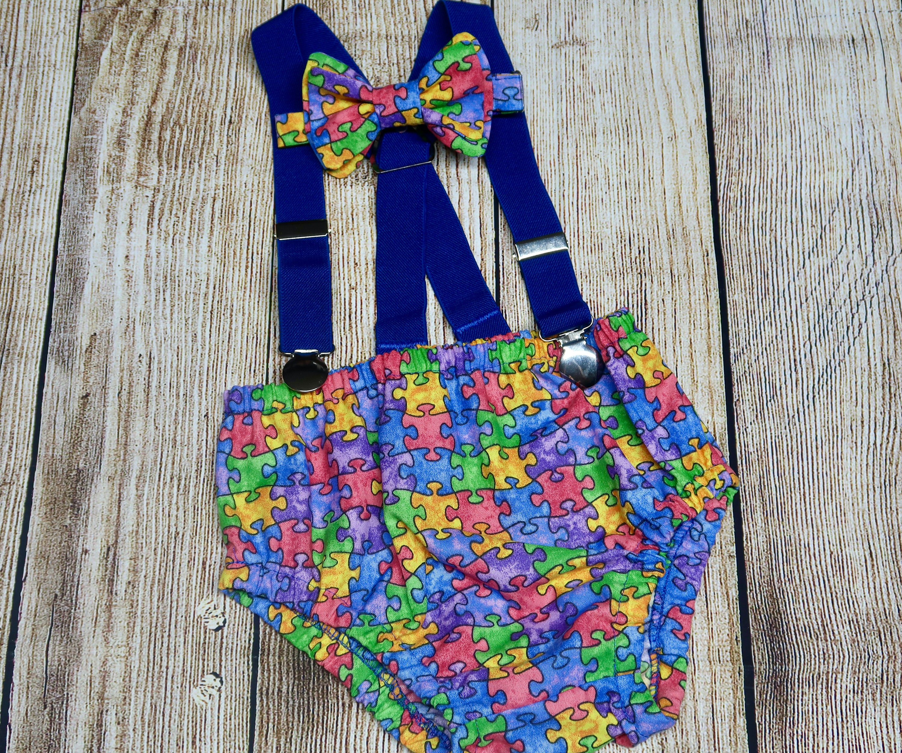 Autism Awareness Outfit: Puzzle Diaper Cover, Bowtie & Suspenders