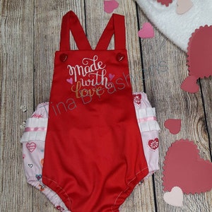 Handmade Embroidered Valentine&#39;s Day Romper: Denim & Cotton