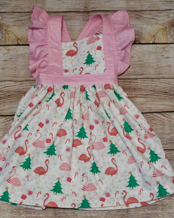 Handmade Glitter Flamingo Christmas Dress: Pink Cotton Flutter Sleeve