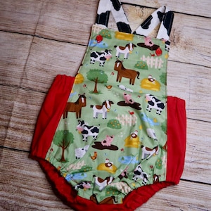 Barnyard Farm romper, cotton romper, cow print, animal print romper, romper toddler cow romper, On the Farm Romper, Farm Birthday Outfit