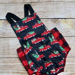 Farm Truck Christmas Romper: Buffalo Plaid Baby Outfit