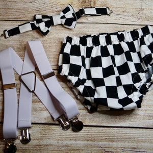 Two Fast Bowtie Suspenders and Diaper Cover set, Race Car Baby boy set, Race Car outfit, Black and white, Race Car Smash cake outfit