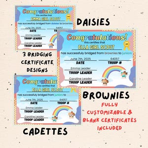 Girl Scout Bridging Certificates | Customizable Daisies, Brownies, Juniors and Cadettes | FREE Bridging Ceremony Planning Guide