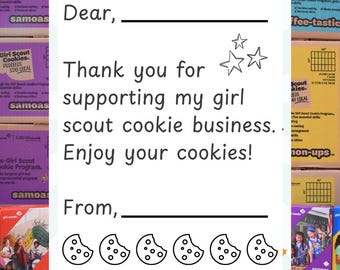 May include: A thank you note for supporting a Girl Scout cookie business. The note features a hand-drawn image of stars and cookies. The note is surrounded by boxes of Girl Scout cookies, including Samoas, Thin Mints, Tagalongs, and Lemon-Ups.