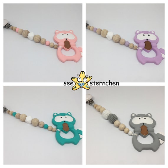 Beißkette beißring con nombres cadena para chupete de silicona unicornio rosa gris blanco