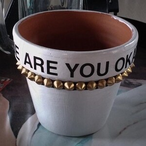 May include: White ceramic planter with gold studs around the rim. The planter has black lettering that reads "Are you okay?"