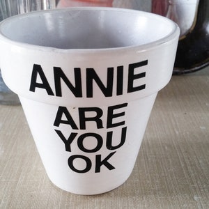 May include: White ceramic flower pot with black lettering that reads "ANNIE ARE YOU OK".