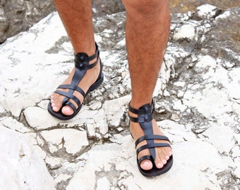 Fascination M - sandalias de gladiador de cuero / sandalias de estilo romano griego / sandalias con anillo en el dedo del pie con correa en el tobillo / sandalias griegas para hombres