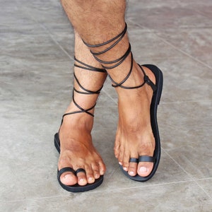 Greek Roman Men Sandals/ Second Toe Ring Leather Sandals/ Unisex Lace Up Sandals - Indigo M