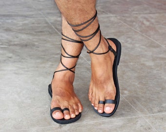 Greek Roman Leather Sandals – Lace Up Toe Ring Gladiator Sandal - Indigo