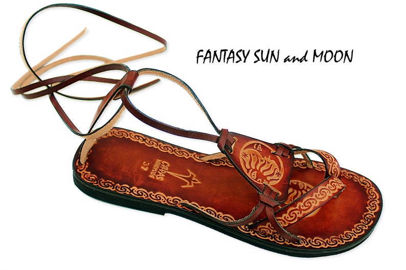 Calpas handmade/ handpainted hippie boho sandals/ burnished leather sandals FANTASY image 4