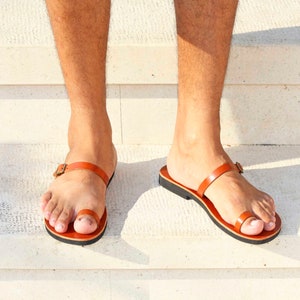 Leather Men Slides Sandals, Gay Barefoot Sandals, Toe Ring Men Sandals, Trendy Flat Summer Sandals for him - AURA M