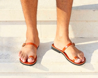 Leather Men's Toe Ring Sandals, Greek Style, Flat Summer Slides - Aura