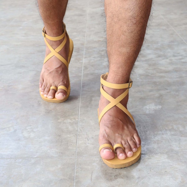 Sandales spartiates pour hommes, sandales faites main en cuir à double anneau d'orteil - BLESS M