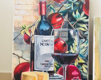 Painting on canvas, Oil painting, Original painting, Glass of Wine painting, bottle of red wine, Pomgranate, gift painting, still life