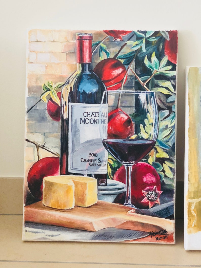 Peinture sur toile, peinture à lhuile, peinture originale, peinture de verre de vin, bouteille de peinture de vin rouge, Pomgranate, cadeau, nature morte image 1