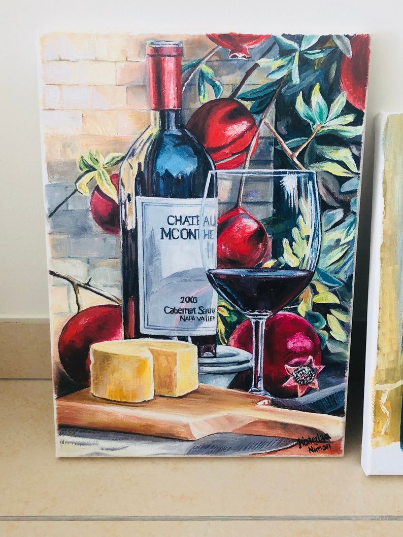 Peinture sur toile, peinture à lhuile, peinture originale, peinture de verre de vin, bouteille de peinture de vin rouge, Pomgranate, cadeau, nature morte image 2